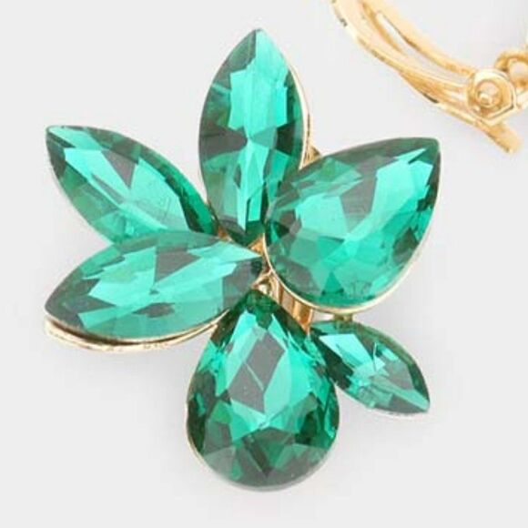 Marquise Teardrop Green Cluster Clip on Evening Earrings - Picture 2 of 5